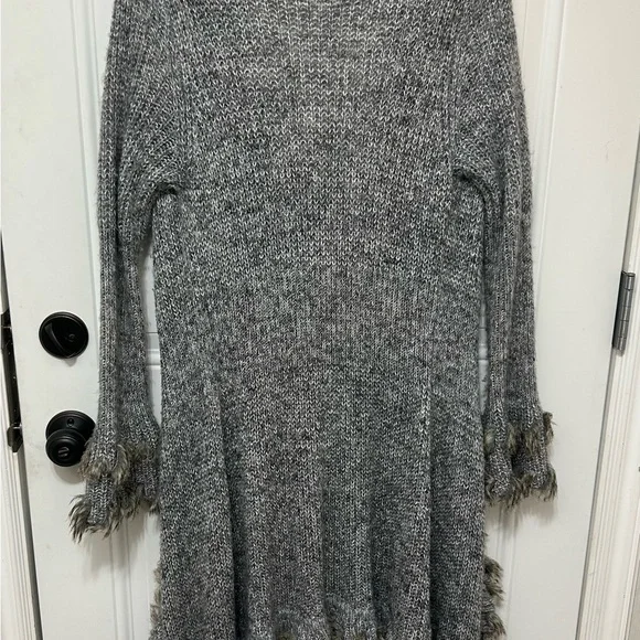 Midi Waterfall Gray Cardigan Faux Fur Laced Trim - Picture 14 of 14